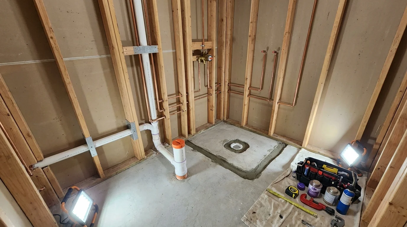 Bathroom rough-in plumbing during remodel by Johns Plumbing LLC in Port Orford