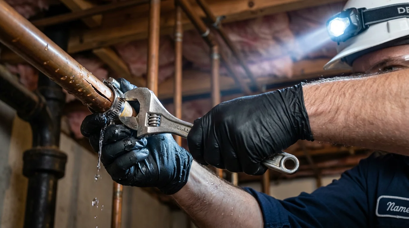 Emergency pipe clamp repair being performed by a Johns Plumbing LLC plumber in Port Orford