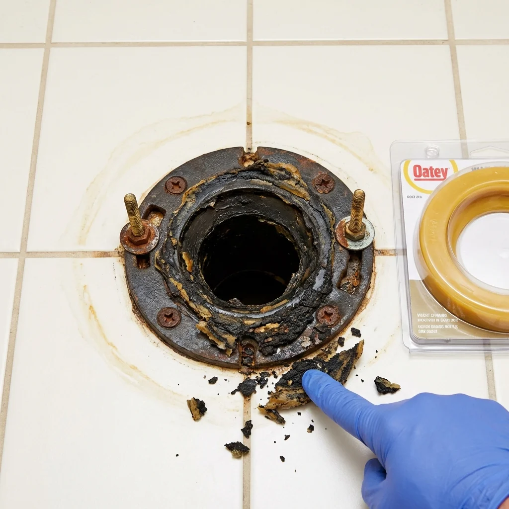 Failed wax ring showing water seepage at the base of a toilet in a Port Orford, OR home