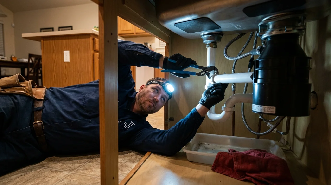 P-trap and supply line connections under a kitchen sink showing a common leak point in Port Orford, OR
